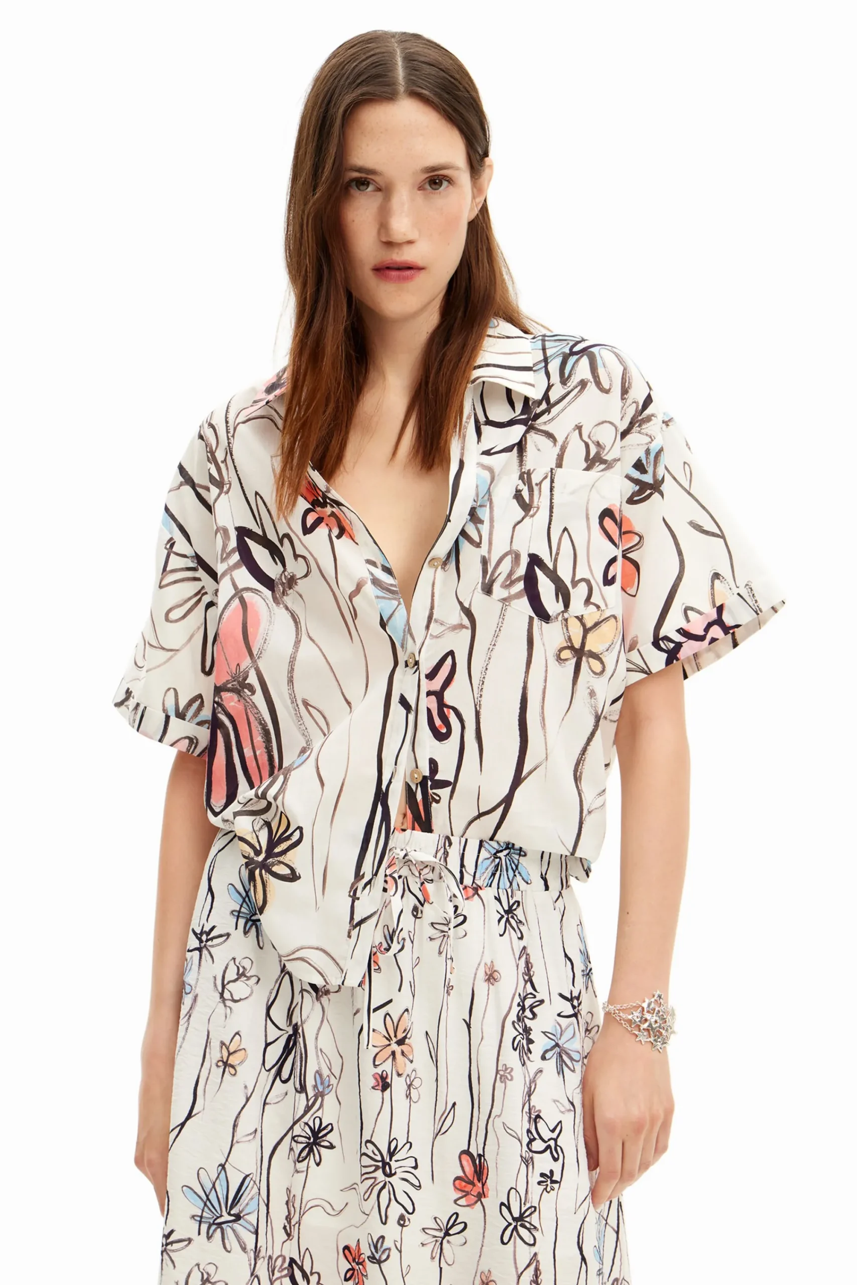 Camisas Y Blusas-Desigual Camisa de flores ilustradas