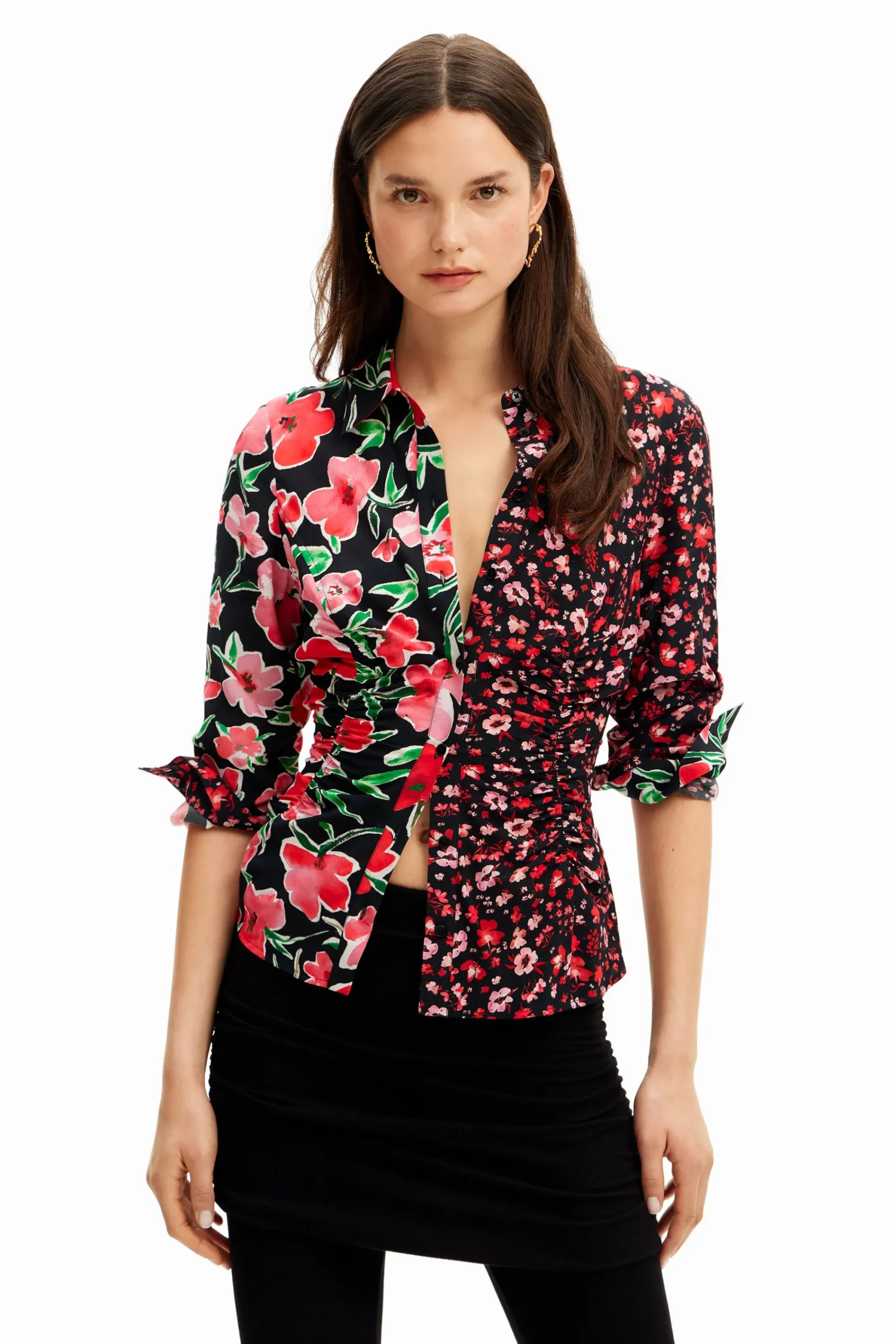 Camisas Y Blusas-Desigual Camisa fruncida flores