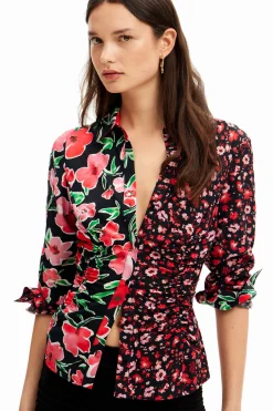 Camisas Y Blusas-Desigual Camisa fruncida flores