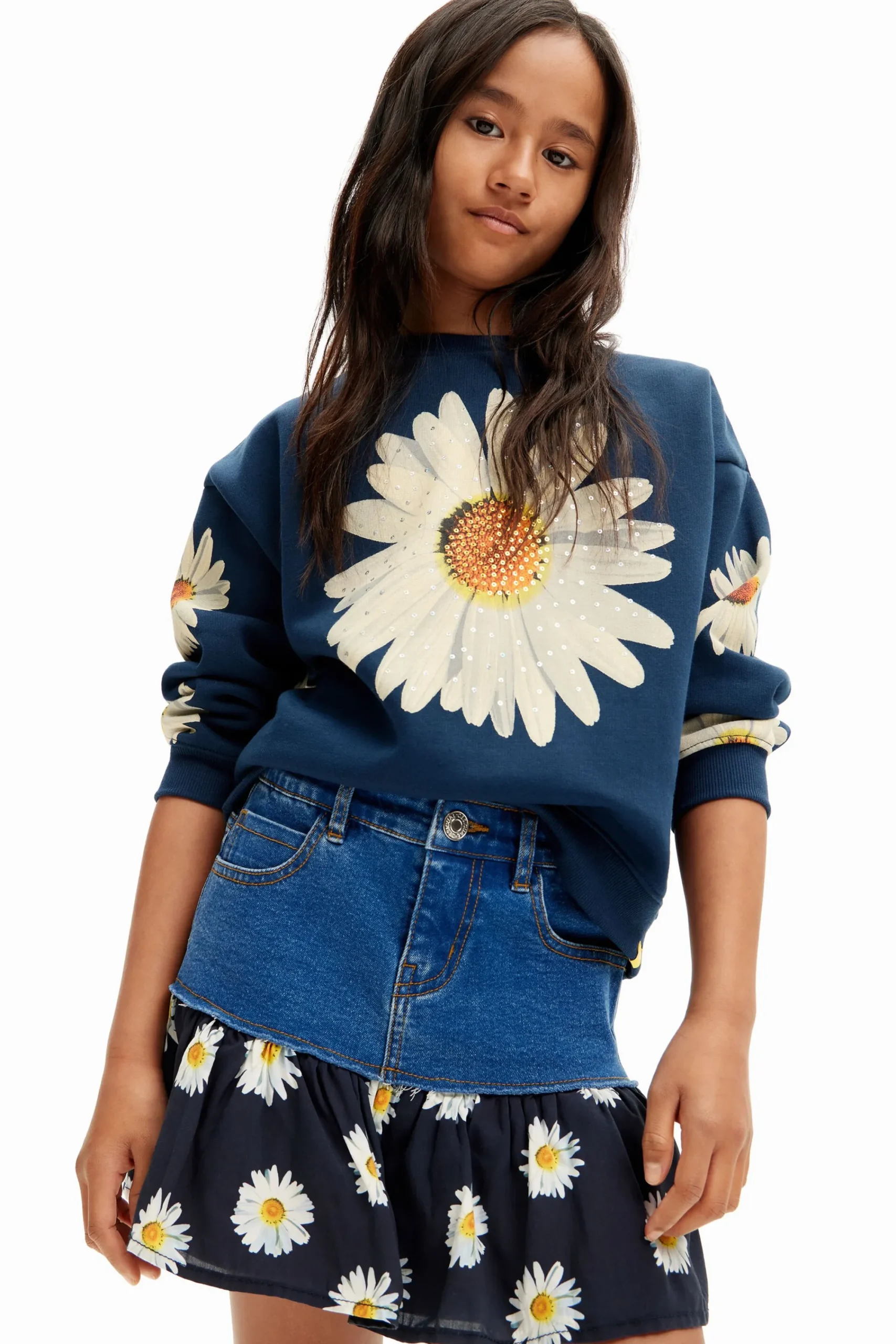 Faldas Y Pantalones-Desigual Minifalda vaquera volante margaritas