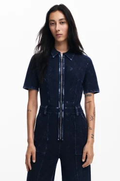 Pantalones|Vestidos Y Monos-Desigual Mono denim efecto lavado