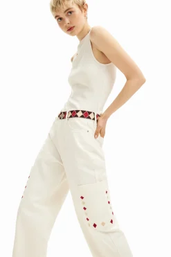 Vaqueros-Desigual Pantalón denim cropped con bordes de rombos