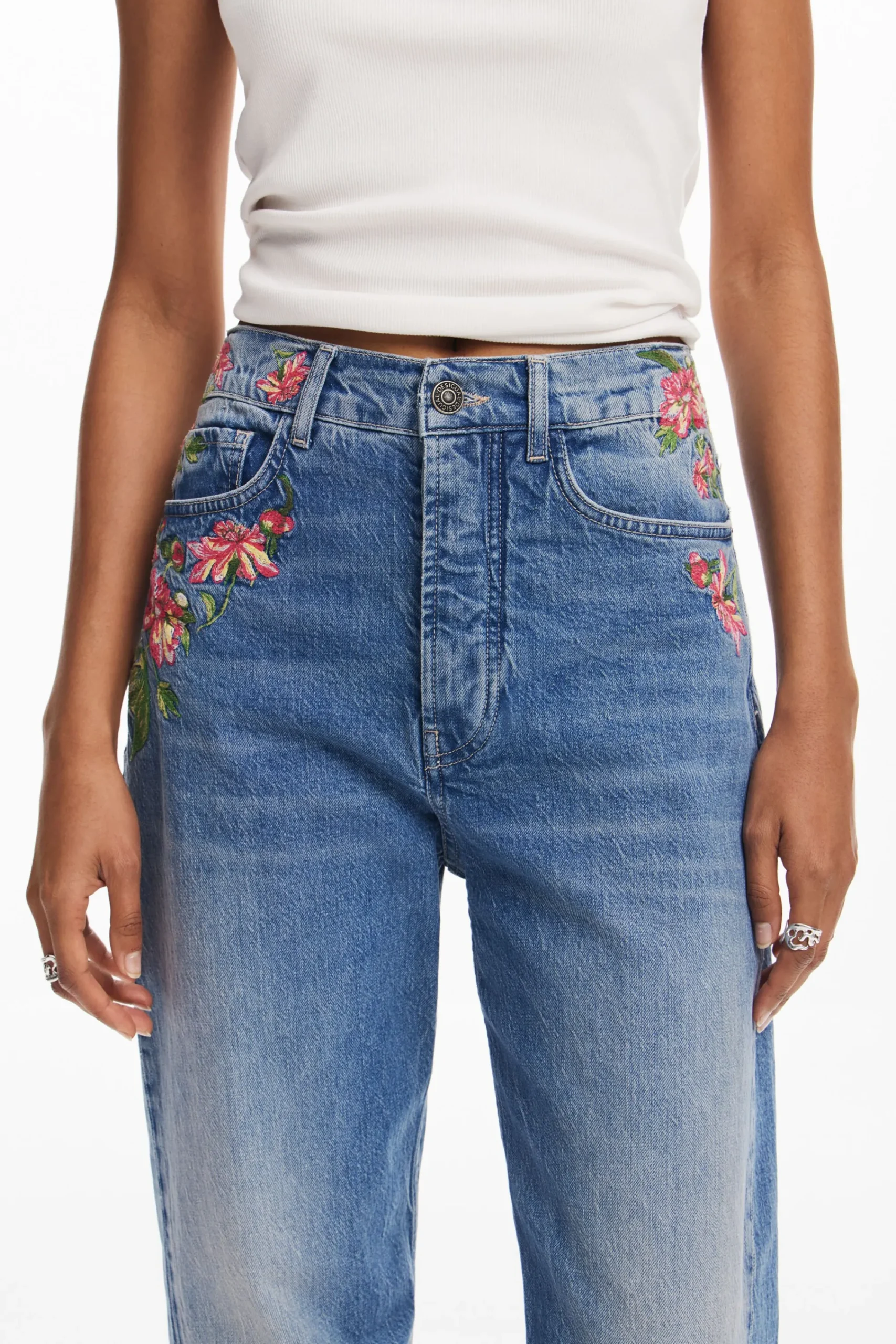 Vaqueros|Pantalones-Desigual Pantalones largos denim flores