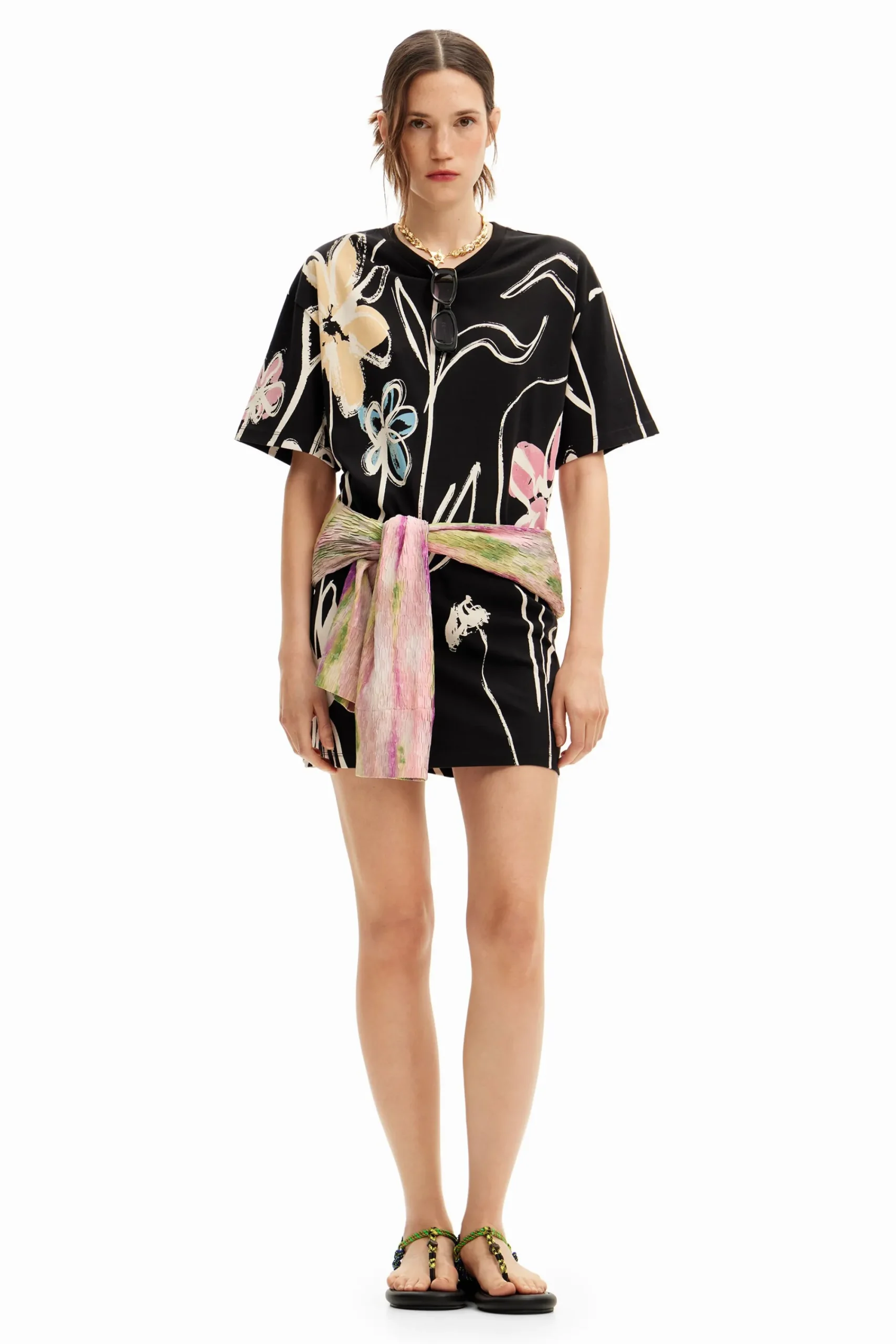 Vestidos Y Monos-Desigual Vestido corto flores ilustradas