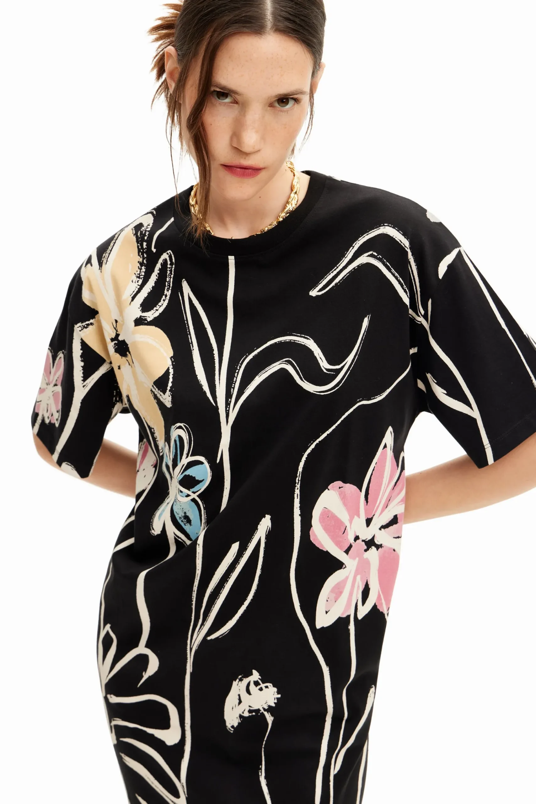 Vestidos Y Monos-Desigual Vestido corto flores ilustradas